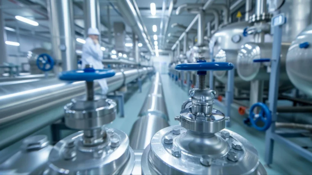 Blue valves control flow in a processing plant.