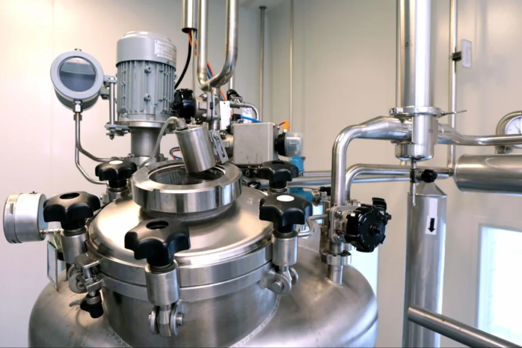 Close-up of stainless steel machinery components